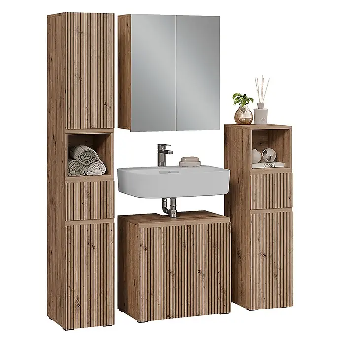 Vicco Badmöbel-Set Takumi Artisan 4 Teile - Gesamtbreite Badmöbel: 120 cm, Artisan-Eiche, Matt - Badezimmermöbel-Set in Holzoptik mit Lamellenfronten, Waschtischunterschrank, Hochschränken mit offenen Fächern und Spiegelschrank.