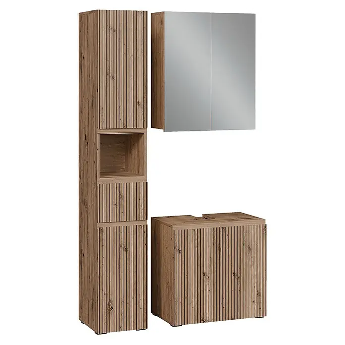 Vicco Badmöbel-Set Takumi Artisan 3 Teile - Gesamtbreite Badmöbel: 90 cm, Artisan-Eiche, Matt - Badezimmermöbel-Set aus hellem Holz mit Lamellentüren: Hochschrank mit offenem Fach, Spiegelschrank und Waschtischunterschrank.