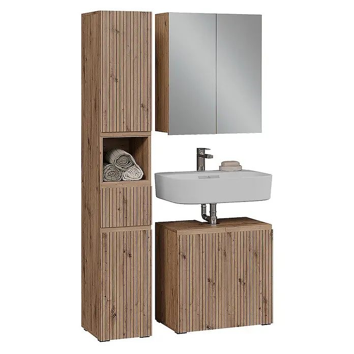 Vicco Badmöbel-Set Takumi Artisan 3 Teile - Gesamtbreite Badmöbel: 90 cm, Artisan-Eiche, Matt - Badezimmermöbel-Set aus hellem Holz mit geriffelten Fronten, einem weißen Keramikwaschbecken und Spiegelschrank.