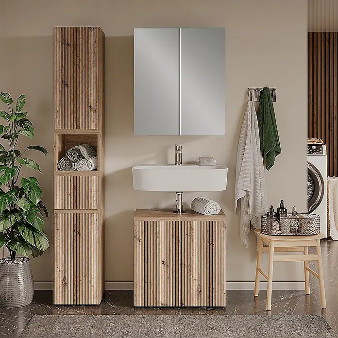 Vicco Badmöbel-Set Takumi Artisan 3 Teile - Gesamtbreite Badmöbel: 90 cm, Artisan-Eiche, Matt - Natürliches Holzlamellen-Badmöbelset mit Hochschrank und Waschtischunterschrank.