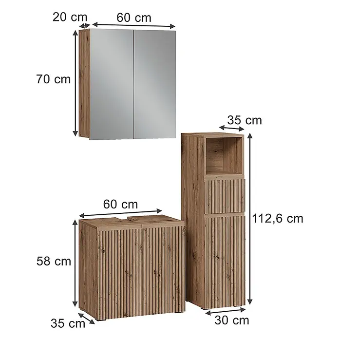 Vicco Badmöbel-Set Takumi Artisan 3 Teile - Gesamtbreite Badmöbel: 90 cm, Artisan-Eiche, Matt - Drei Badmöbel aus Holz: ein Spiegelschrank, ein Waschbeckenunterschrank und ein Hochschrank, alle mit gerillter Holzstruktur.