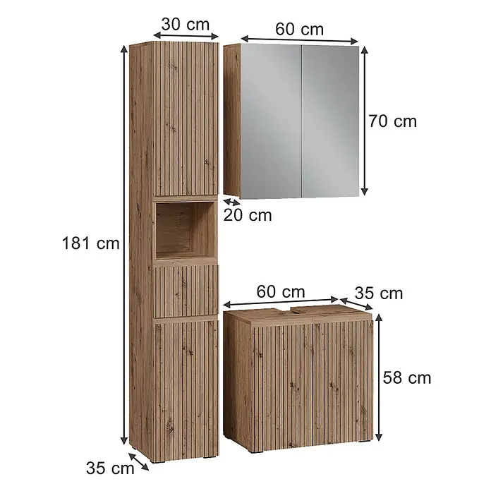 Vicco Badmöbel-Set Takumi Artisan 3 Teile - Gesamtbreite Badmöbel: 90 cm, Artisan-Eiche, Matt - Dreiteiliges Badezimmermöbelset in heller Holzoptik mit vertikalen Lamellen, bestehend aus Hochschrank, Spiegelschrank und Waschtischunterschrank.