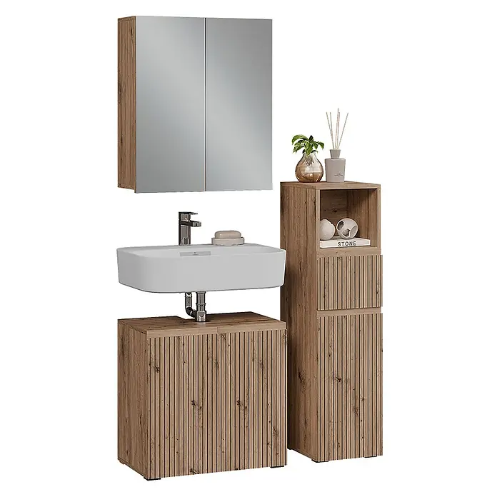Vicco Badmöbel-Set Takumi Artisan 3 Teile - Gesamtbreite Badmöbel: 90 cm, Artisan-Eiche, Matt - Badezimmer-Möbelset in Holzoptik mit Spiegelschrank, weißem Waschbecken und hohem Schrank, mit geriffelten Fronten.