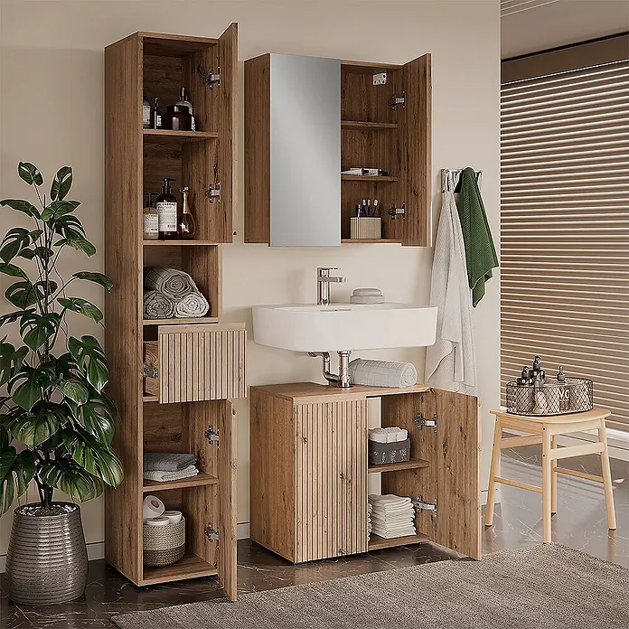 Vicco Badmöbel-Set Takumi Artisan 3 Teile - Gesamtbreite Badmöbel: 90 cm, Artisan-Eiche, Matt - Badezimmermöbel-Set aus Holzmaserung mit Hochschrank, Waschtischunterschrank und Spiegelschrank.