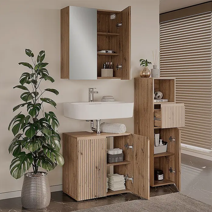 Vicco Badmöbel-Set Takumi Artisan 3 Teile - Gesamtbreite Badmöbel: 90 cm, Artisan-Eiche, Matt - Modernes Badmöbel-Set aus Holz mit Waschbecken, Spiegelschrank und hohem Schrank für umfassende Organisation.