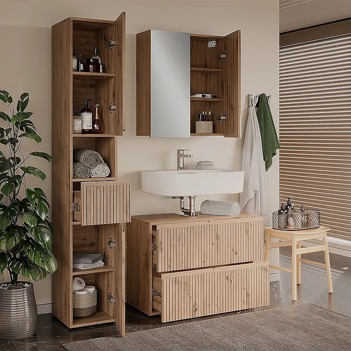 Vicco Badmöbel-Set Takumi Artisan 3 Teile - Gesamtbreite Badmöbel: 110 cm, Artisan-Eiche, Matt - Badmöbelset aus Holz mit Rillenstruktur, bestehend aus Hochschrank, Spiegelschrank und Waschtischunterschrank.