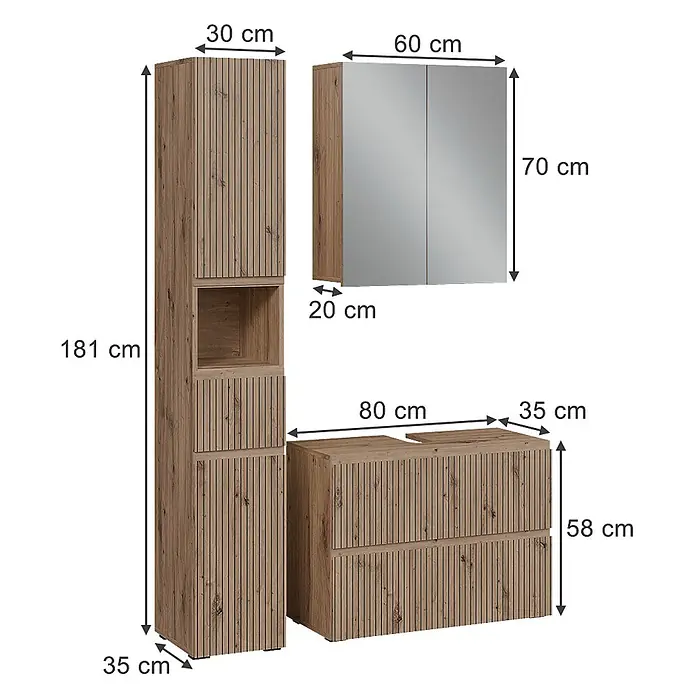 Vicco Badmöbel-Set Takumi Artisan 3 Teile - Gesamtbreite Badmöbel: 110 cm, Artisan-Eiche, Matt - Drei Badschränke in Holzoptik mit Rillenstruktur: ein Hochschrank, ein Spiegelschrank und ein Unterschrank.
