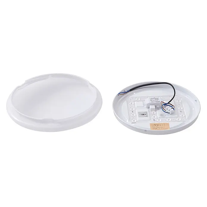 Lindby Deckenleuchte Emeryn - weiß / opal - Weiße runde LED-Deckenleuchte, zerlegt mit matter Abdeckung und interner LED-Platine mit Verkabelung.