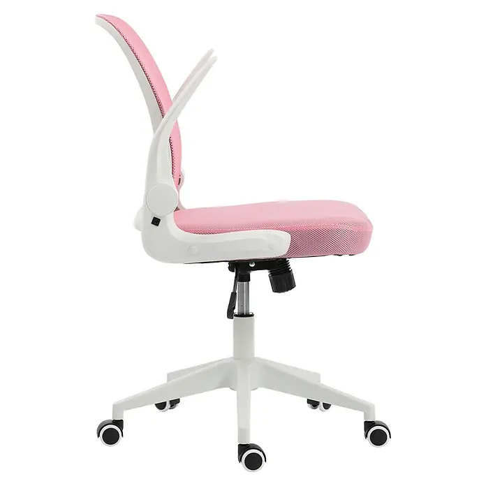 Silla de oficina Vega - Rosa/Blanco, Reposabrazos - Vista lateral de una silla de oficina giratoria de malla rosa con estructura blanca, base de cinco ruedas y ajuste de altura.
