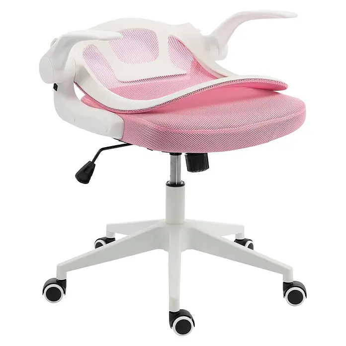 Silla de oficina Vega - Rosa/Blanco, Reposabrazos - Silla de oficina ergonómica de malla rosa y blanca con altura ajustable y ruedas.