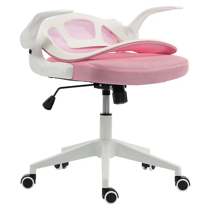 Silla de oficina Vega - Rosa/Blanco, Reposabrazos - Silla de oficina de malla rosa con estructura blanca, base de cinco radios y ruedas negras, ajustable en altura.