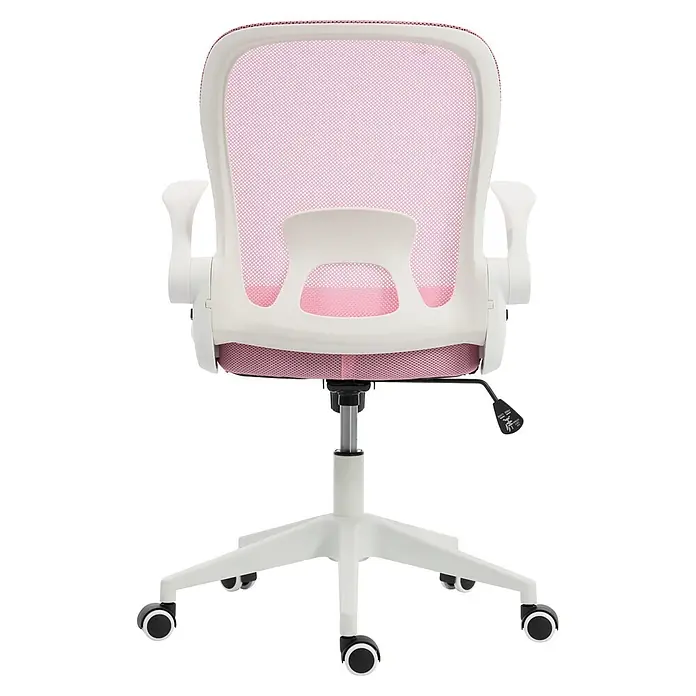 Silla de oficina Vega - Rosa/Blanco, Reposabrazos - Vista trasera de una silla de oficina de malla rosa con estructura ergonómica blanca, reposabrazos y base de cinco ruedas, con palanca de ajuste de altura.