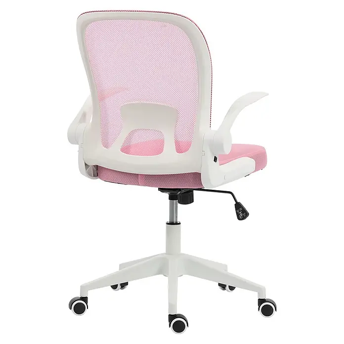 Silla de oficina Vega - Rosa/Blanco, Reposabrazos - Silla de oficina de malla rosa con estructura blanca, respaldo ergonómico, palanca de altura ajustable y base giratoria con ruedas.