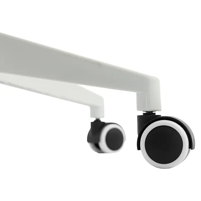 Silla de oficina Vega - Rosa/Blanco, Reposabrazos - Base de mueble blanca con dos ruedas negras y blancas, que brindan movilidad.