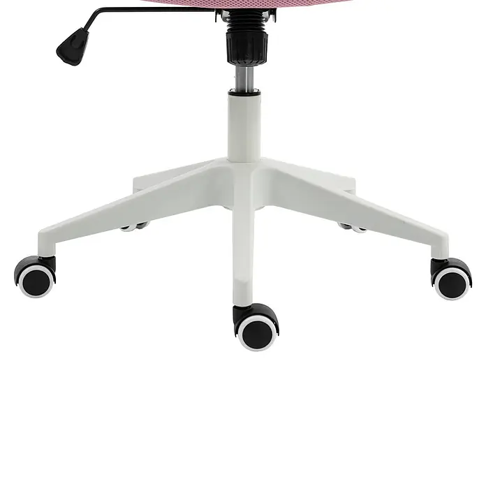 Silla de oficina Vega - Rosa/Blanco, Reposabrazos - Base blanca de silla de oficina de cinco puntas con ruedas blancas y negras, un elevador de gas negro y una palanca de ajuste.