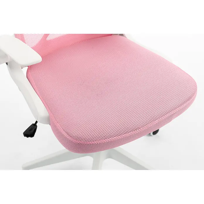 Silla de oficina Vega - Rosa/Blanco, Reposabrazos - Silla de oficina rosa de malla con reposabrazos blancos y palanca de ajuste negra.
