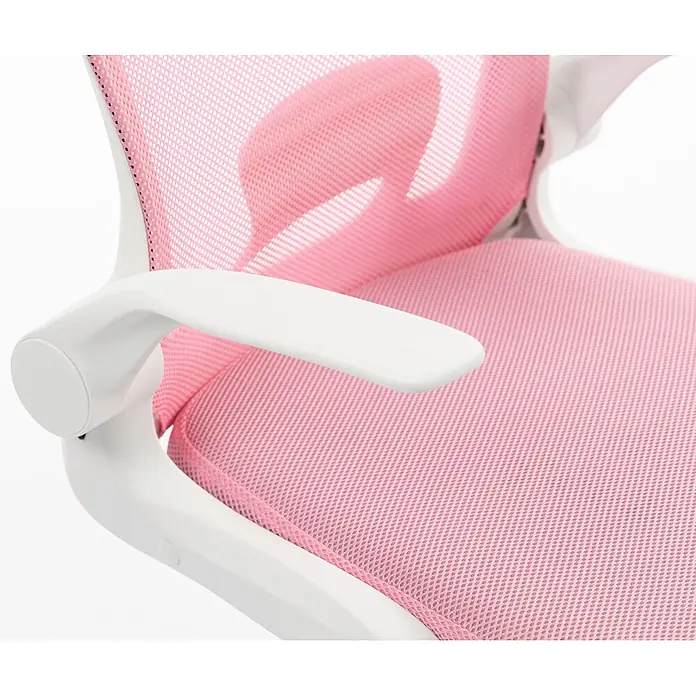 Silla de oficina Vega - Rosa/Blanco, Reposabrazos - Primer plano de una silla de oficina de malla rosa con reposabrazos y estructura de plástico blanco.