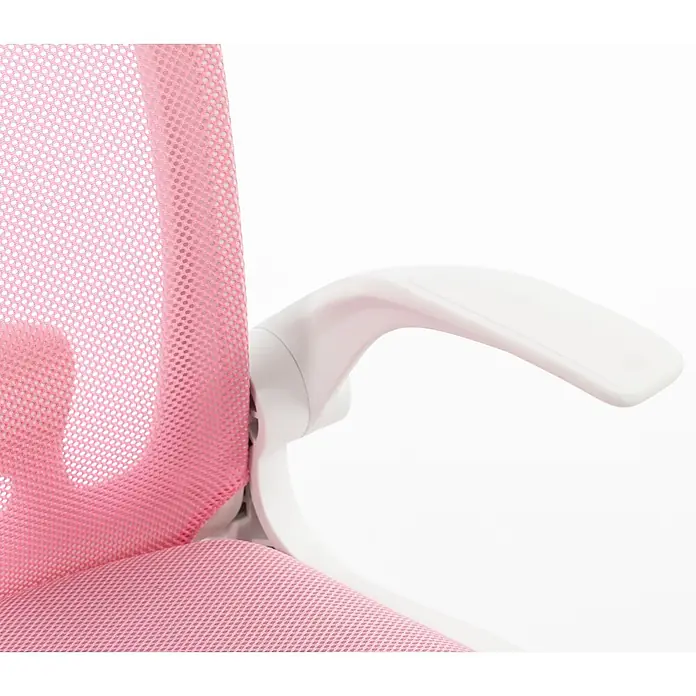 Silla de oficina Vega - Rosa/Blanco, Reposabrazos - Primer plano de una silla de oficina de malla rosa con reposabrazos blanco.