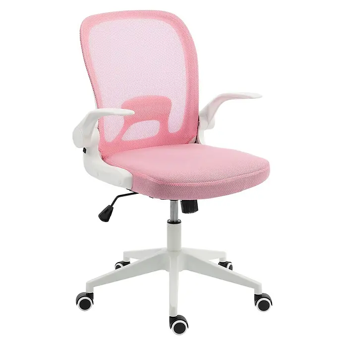 Silla de oficina Vega - Rosa/Blanco, Reposabrazos - Silla de oficina ergonómica de malla rosa con estructura blanca, reposabrazos y base con ruedas.