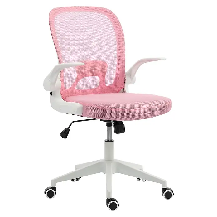 Silla de oficina Vega - Rosa/Blanco, Reposabrazos - Silla de oficina ergonómica rosa con respaldo y asiento de malla, estructura blanca, altura ajustable y ruedas.