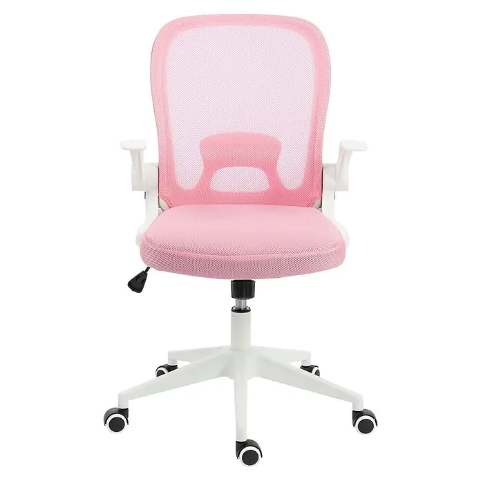 Silla de oficina Vega - Rosa/Blanco, Reposabrazos - Silla de oficina de malla rosa con estructura blanca, reposabrazos y base de 5 ruedas.