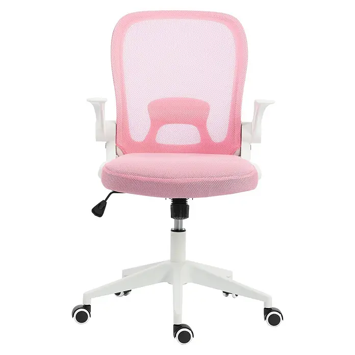 Silla de oficina Vega - Rosa/Blanco, Reposabrazos - Silla de oficina de malla rosa con reposabrazos, estructura y ruedas blancas.