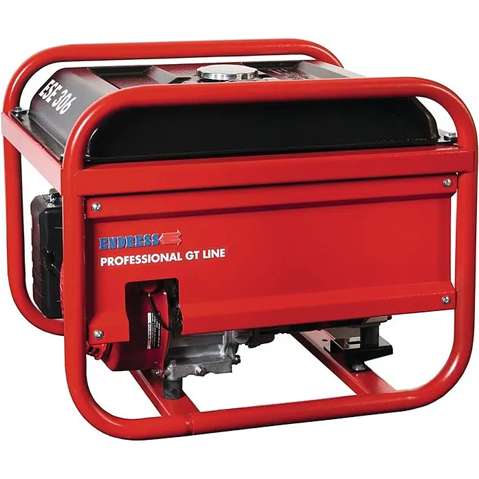 Stürmer Maschinen Stromerzeuger ESE 306 HS-GT - Nennleistung: 2,6 kW, Tankvolumen: 20 l, Verbrauch: 2,5 l/h - Roter tragbarer Generator mit schwarzem Kraftstofftank, beschriftet mit 'ENDRESS PROFESSIONAL GT LINE'.