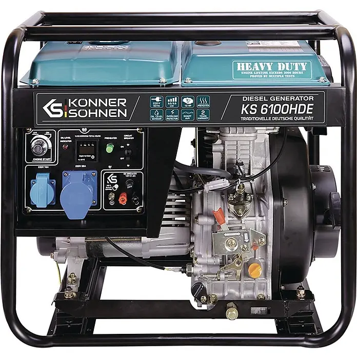 Stürmer Maschinen Stromerzeuger KS 6100 HDE - Nennleistung: 5 kW, Tankvolumen: 11 l, Verbrauch: 2,1 l/h - Leistungsstarker Dieselgenerator mit schwarzem Rahmen, türkisfarbenem Tank und silbernem Motor, ausgestattet mit einem Bedienfeld mit Steckdosen.