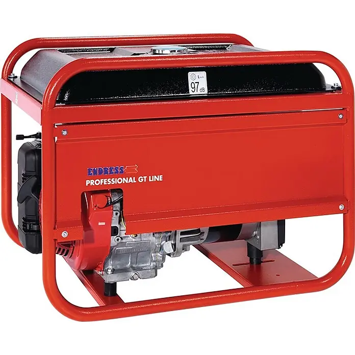Stürmer Maschinen Stromerzeuger ESE 506 DHS-GT - Nennleistung: 4,3 kW, Tankvolumen: 30 l, Verbrauch: 2,8 l/h - Roter Endress PROFESSIONAL GT LINE Stromerzeuger mit schwarzem Tank und sichtbaren Motorbauteilen.
