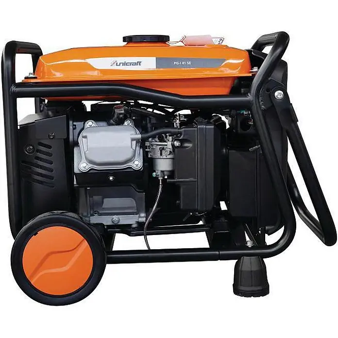 Stürmer Maschinen Stromerzeuger PG-I 41 SE - Nennleistung: 3,6 kW, Tankvolumen: 12,5 l, Verbrauch: 2,5 l/h - Ein orange-schwarzer, tragbarer Generator mit Rädern und robustem Rahmen.