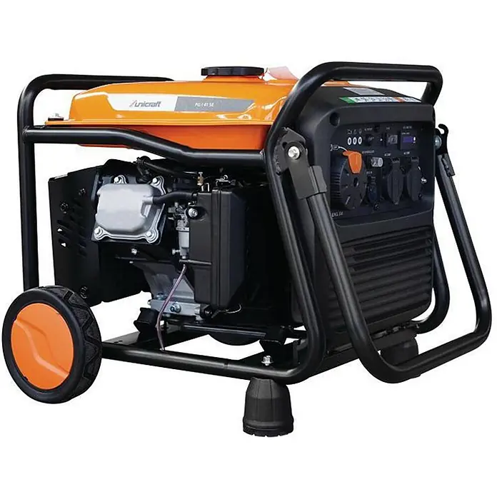 Stürmer Maschinen Stromerzeuger PG-I 41 SE - Nennleistung: 3,6 kW, Tankvolumen: 12,5 l, Verbrauch: 2,5 l/h - Oranges und schwarzes tragbares Stromaggregat mit robustem Rahmen und Rädern.