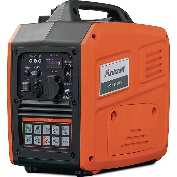 Stürmer Maschinen Stromerzeuger PG-I 21 SR-S - Nennleistung: 1,8 kW, Tankvolumen: 4 l, Verbrauch: 0,8 l/h - Kompakter orange-schwarzer Inverter-Generator mit sichtbarem Bedienfeld und Display.