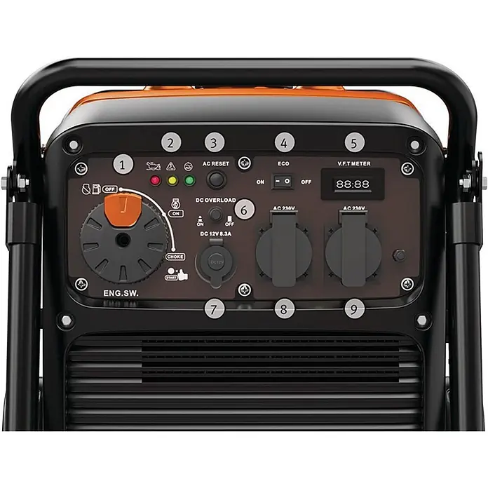 Stürmer Maschinen Stromerzeuger PG-I 41 SE - Nennleistung: 3,6 kW, Tankvolumen: 12,5 l, Verbrauch: 2,5 l/h - Nahaufnahme des schwarz-orangen Bedienfelds eines Generators mit Motorschalter, Digitalanzeige, ECO-Modus, DC/AC-Anschlüssen und Anzeigen.