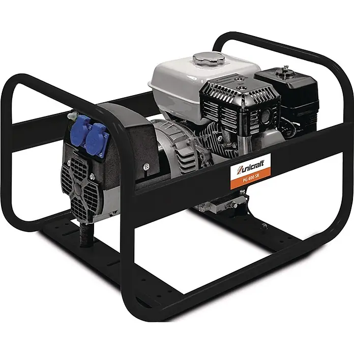 Stürmer Maschinen Stromerzeuger PG 400 SR - Nennleistung: 2,6 kW, Tankvolumen: 3,1 l, Verbrauch: 1,6 l/h - Tragbarer Stromgenerator mit schwarzem Schutzrahmen, silbernem Motor und blauen Steckdosen.