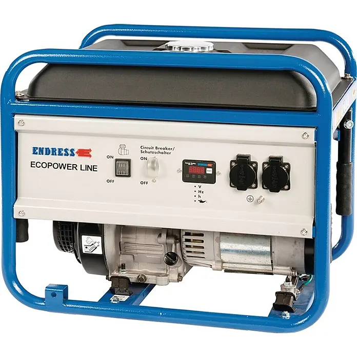 Stürmer Maschinen Stromerzeuger ESE 3000 BS - Nennleistung: 2,5 kW, Tankvolumen: 20 l, Verbrauch: 2,5 l/h - Blauer und weißer tragbarer Generator mit Bedienfeld, Display und Steckdosen.