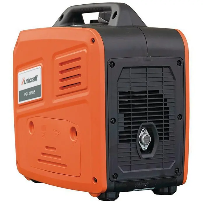 Stürmer Maschinen Stromerzeuger PG-I 21 SR-S - Nennleistung: 1,8 kW, Tankvolumen: 4 l, Verbrauch: 0,8 l/h - Oranger und schwarzer tragbarer Inverter-Stromerzeuger mit Tragegriff, seitlichen Lüftungsschlitzen und zentralem Stromausgang.