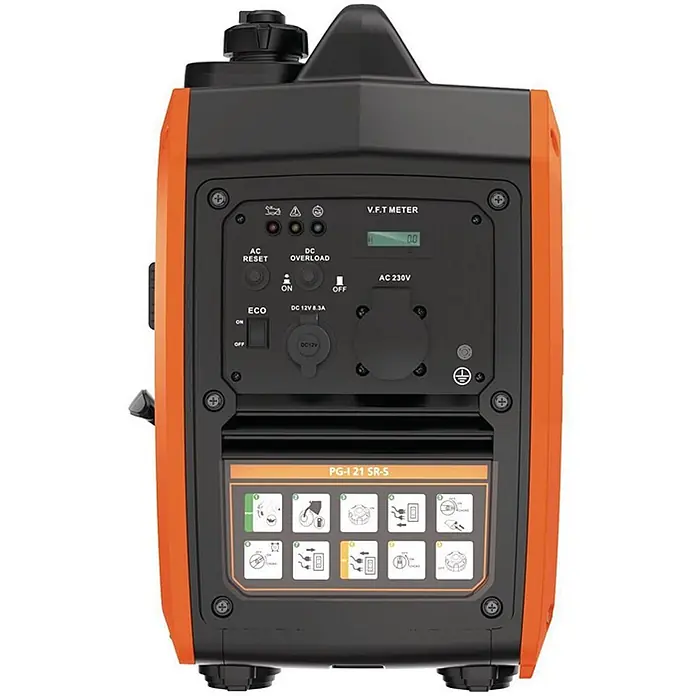 Stürmer Maschinen Stromerzeuger PG-I 21 SR-S - Nennleistung: 1,8 kW, Tankvolumen: 4 l, Verbrauch: 0,8 l/h - Kompakter, orange-schwarzer Inverter-Generator mit detailliertem Bedienfeld, inkl. AC/DC-Ausgängen, V.F.T.-Meter und Bedienungsanleitung.