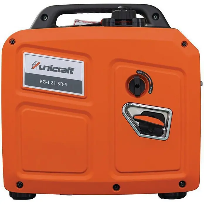 Stürmer Maschinen Stromerzeuger PG-E 80 TEA - Nennleistung: 6,5 kW, Tankvolumen: 25 l, Verbrauch: 3,4 l/h - Orangefarbener Unicraft PG-I 21 SR-S tragbarer Inverter-Generator mit schwarzem Griff, Bedienknopf und Seilzugstarter.
