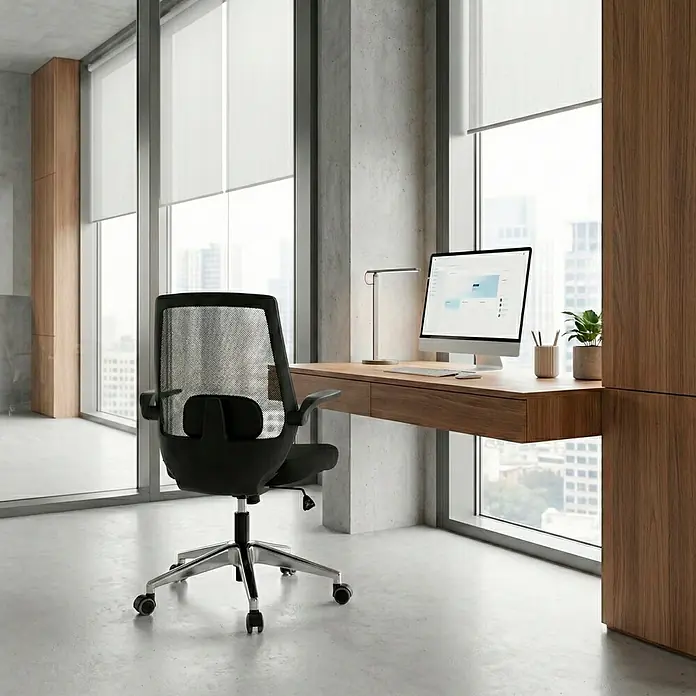 Silla de oficina Olivia - Negro, Reposabrazos - Silla de oficina de malla negra frente a un escritorio de madera elegante con ordenador y lámpara de mesa en una oficina moderna.