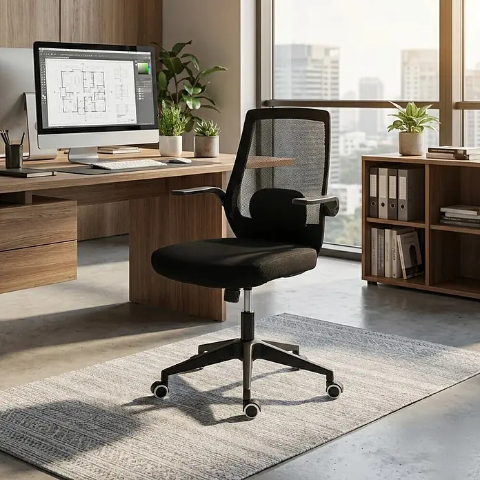 Silla de oficina Olivia - Negro, Reposabrazos - Silla de oficina negra de malla y tela con base plateada y ruedas, colocada junto a un escritorio de madera.