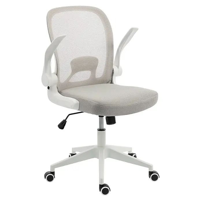 Silla de oficina Vega - Gris/Blanco, Reposabrazos - Silla de oficina ergonómica gris claro con respaldo y asiento de malla, brazos blancos ajustables, base de cinco radios con ruedas y palanca de ajuste de altura.