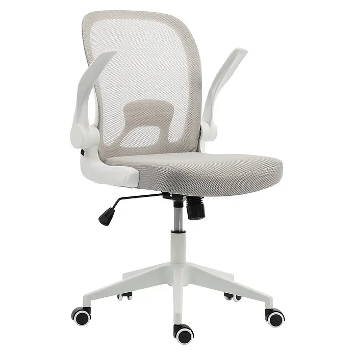 Silla de oficina Vega - Gris/Blanco, Reposabrazos - Silla de oficina de malla gris claro con estructura blanca, ajuste de altura y ruedas negras.