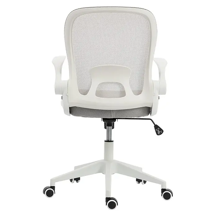 Silla de oficina Vega - Gris/Blanco, Reposabrazos - Silla de oficina de malla blanca, vista posterior, con asiento gris y base con ruedas.
