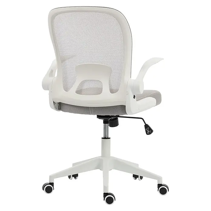 Silla de oficina Vega - Gris/Blanco, Reposabrazos - Silla de oficina blanca de malla con asiento gris y base con ruedas, vista posterior.