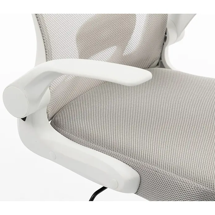 Silla de oficina Vega - Gris/Blanco, Reposabrazos - Silla de oficina de malla gris claro con reposabrazos de plástico blanco. Detalle del asiento y respaldo.