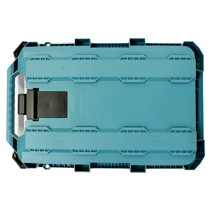 Makita Organizer Maktrak Flach L - L x B x H: 59,6 x 38,7 x 8,5 cm, Anzahl Fächer: 11 Stk. - Hellblaue Kunststoff-Aufbewahrungsbox mit schwarzem Griff und strukturiertem Deckel.