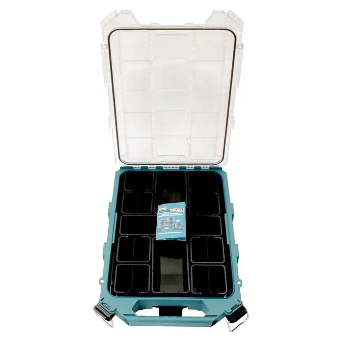 Makita Organizer Maktrak Flach L - L x B x H: 59,6 x 38,7 x 8,5 cm, Anzahl Fächer: 11 Stk. - Geöffnete hellblaue Modul-Aufbewahrungsbox mit Klarsichtdeckel und schwarzen Fächern. Enthält eine Produktbroschüre.