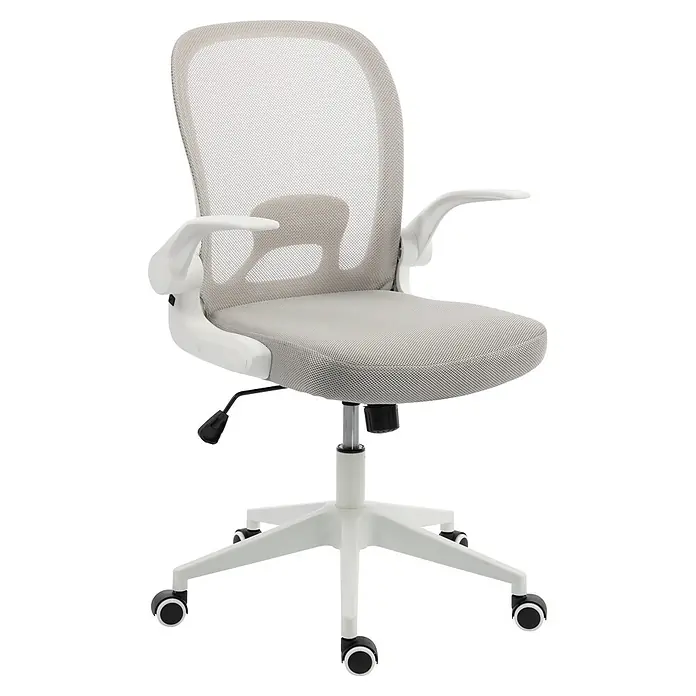 Silla de oficina Vega - Gris/Blanco, Reposabrazos - Silla de oficina ergonómica de malla gris claro con estructura blanca, reposabrazos y base de ruedas. Palanca ajustable.