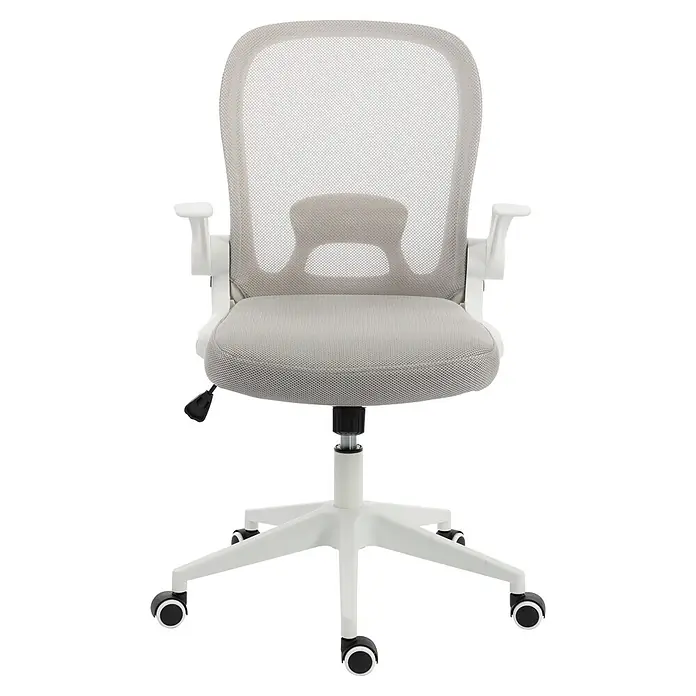 Silla de oficina Vega - Gris/Blanco, Reposabrazos - Silla de oficina de malla gris con estructura blanca, reposabrazos y base de cinco ruedas. Cuenta con una palanca ajustable.