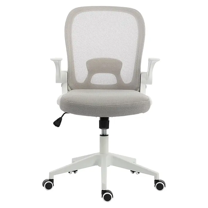 Silla de oficina Vega - Gris/Blanco, Reposabrazos - Silla de oficina de malla gris claro con estructura blanca, reposabrazos y base de cinco ruedas.